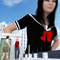 giantess city black_hair long_hair clothed hiding outdoors rooftop digital_render ai_tanaka schoolgirl_outfit aithegiantess