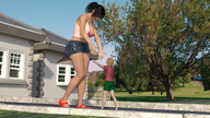 gentle black_hair long_hair clothed ponytail mini_giantess shorts houses manicure top digital_render butre3004