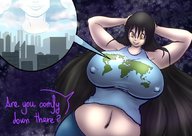 drawing giantess earth giga black_hair long_hair planet huge_breasts looking_down xanafar top
