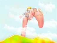 drawing giantess blonde long_hair barefoot soles underwear low_angle looking_down raised_foot d5q25x62