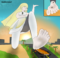 drawing giantess crush pokemon feet blonde color barefoot green_eyes bus road stuck_on_sole sizeworkshop lusamine_(pokemon)