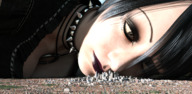 giantess giga city black_hair cleavage lying_down short_hair looking_down choker necklace digital_render black_lips unseenharbinger