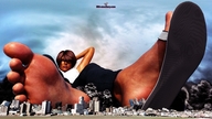 giantess giga destruction toes barefoot soles brunette short_hair airplane between_toes looking_back stuck_to_foot debris digital_render discarded_footwear drexkhian