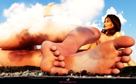 giantess giga destruction toes barefoot soles brunette short_hair airplane giantesses between_toes looking_back stuck_to_foot debris digital_render discarded_footwear drexkhian