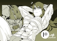 drawing vore horns size_difference monochrome color sweat muscles stomach demoness abs mini_boy skeletons internal_view lucky_b