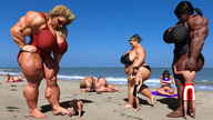 blonde black_hair long_hair beach huge_breasts multiple_sizes mini_giantess bbw muscles looking_down laughing sunglasses dark_skin pinned outdoors crowds