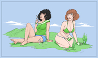 drawing giantess large_breasts barefoot smiling unknown_artist shorts giantesses outdoors looking_back bikini_bottom trees bracelet no_background digging