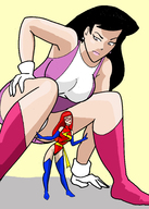 breasts drawing giantess panties mega upskirt black_hair color crossover skirt gloves red_hair boots thighs lois_lane doom_patrol leotard inspector97 dc_comics mary_jane elasti-girl ms_marvel marvel_comics fusion