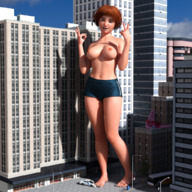 large_breasts toes barefoot topless smiling red_hair short_hair looking_down vehicles outdoors vehicle_crush digital_render uschi3