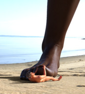 beach toes barefoot shrunken_man dark_skin pinned outdoors under_foot digital_render uschi3