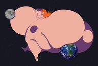 giantess earth giga space long_hair planet huge_breasts red_hair sitting big_butt convenient_censorship