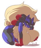 drawing giantess pokemon giga color huge_breasts breast_crush smiling looking_down clouds no_background lucario mega_lucario
