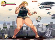 drawing giantess blonde long_hair barefoot huge_breasts fake_screenshot fighting video_game thick_thighs bakugeki_no_g planet_(bakugeki_no_g)