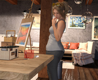 blonde long_hair clothed ponytail table shrunken_man looking_down painting pants captured studio runswithferrets paint_brush top artist digital_render domimation