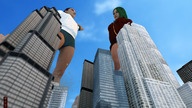 city long_hair destruction clothed low_angle green_hair shorts giantesses outdoors jacket digital_render aithegiantess