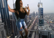 collage city black_hair large_breasts long_hair cleavage smiling looking_down outdoors ripped_clothing on_finger angie foot_prints fanta333 angie_varona