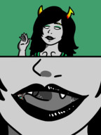 drawing vore horns black_hair long_hair open_mouth sunglasses homestuck no_background grey_skin honmetgts