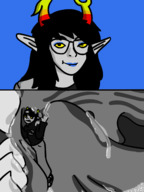 drawing vore horns black_hair long_hair open_mouth sunglasses inside_mouth homestuck no_background grey_skin cutaway honmetgts