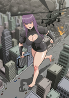 drawing giantess city color long_hair destruction blue_eyes handheld barefoot cleavage buildings helicopter purple_hair train street cruel vehicles onlookers pedicure evil-queen-kitty