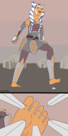 breasts drawing giantess horns mega alien comic color barefoot skirt star_wars unaware point_of_view belt raised_foot micro_city imminent_crush orange_skin togruta giantwaifus ahsoka_tano jedi Mega lekku