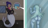 drawing micro blonde color glasses blue_hair mermaid unaware shrunken_woman cell_phone dinobirdofdoom thumb_crush