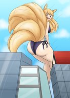drawing giantess blushing city long_hair brunette fox_ears looking_down outdoors multiple_tails dinobirdofdoom