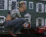 giantess blonde long_hair clothed high_heels jeans squatting sandals vehicles houses runswithferrets top digital_render bare_midriff