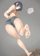 drawing giantess crush color jeans blue_hair short_hair foot_crush walking shrunken_people looking_back stuck_to_foot uru no_background