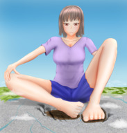 drawing giga city mega color destruction clothed toes barefoot brunette short_hair sitting shorts looking_down