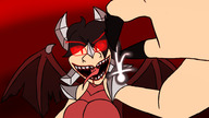 drawing giantess horns wings color blood demoness fangs between_fingers imminent_vore boob-slave