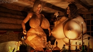 blonde long_hair huge_breasts brunette looking_down indoors ripped_clothing thick_thighs digital_render dinner-kun