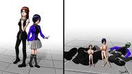 drawing nipples nude black_hair blue_eyes barefoot skirt huge_breasts shoes brunette socks boots shrunken_woman standing pants shaven tunic shardo