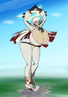 drawing white_hair giga city long_hair destruction huge_breasts smiling looking_down ferrousoxide