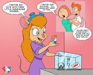 drawing furry tail anthro color long_hair clothed crossover handheld story gadget red_hair looking_down cage indoors grey_eyes mouse_girl commission goggles dialogue lois_griffin gulliver63 philip_j_fry cutaway looking_at_tinies
