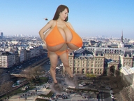 giantess collage city long_hair cleavage helicopter huge_breasts brunette breast_expansion smiling looking_down outdoors hitomi_tanaka gangstalilith2