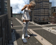 giantess city clothed cleavage buildings shoes stockings street dress looking_down standing vehicles digital_render foxtrot08