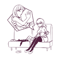 breasts drawing nipples gentle blonde monochrome skirt high_heels stockings sitting lesbians shrunken_woman sofa breastfeeding minidress inksgirls