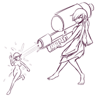 drawing nude monochrome wet shrunken_woman sketch running_away water_gun inksgirls