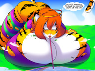 giantess furry anthro long_hair huge_breasts lying_down drinking closed_eyes straw dialogue orange_hair tiger_girl tentaskul