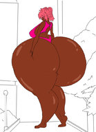 drawing monochrome large_breasts smiling mini_giantess dark_skin outdoors looking_back big_butt onepunchmant