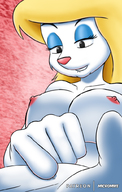 drawing gentle nude furry blonde color large_breasts long_hair handheld finger mink shrunken_man no_background looking_at_tiny biting_lip animaniacs micromike minerva_mink