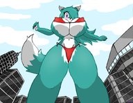 bikini drawing furry blushing anthro city buildings huge_breasts low_angle outdoors