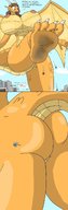 giantess wings city dragon long_hair destruction barefoot huge_breasts brunette looking_down outdoors dirty_soles raised_foot panels wandering-flames