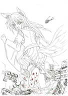 drawing crush city monochrome destruction foot_crush fox_girl aadm bloody_corpses