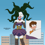 drawing giantess city color cleavage skirt brunette green_hair dress boots white_skin powerpuff_girls sedusa cutaway migueruchan between_breasts