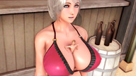 gentle white_hair large_breasts blue_eyes cleavage bra shrunken_man looking_at_viewer digital_render between_breasts
