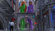 giantess white_hair city long_hair clothed street red_hair women suits standing alley drcreep digital_render