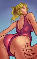 drawing blonde color swimsuit ponytail shrunken_man looking_down stuck_to_butt kononiko