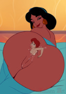 breasts drawing pussy black_hair color long_hair butt cleavage domination red_hair anal_insertion lesbians shrunken_woman dark_skin jasmine aladdin disney earrings shaven ariel the_little_mermaid hairband little_mermaid