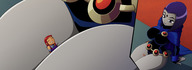breasts drawing gentle alien comic color large_breasts purple_hair purple_eyes smiling raven teen_titans red_hair starfire short_hair sitting lesbians between_legs looking_down thighs cape belt leotard looking_at_tiny dc_comics orange_skin bare_legs grey_skin skintight_clothing ravenravenraven